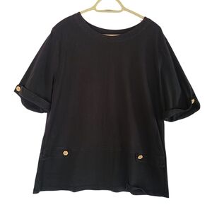 Focus Casual Life Black 100% Cotton Top - Hexagon Button Detail - Size Large